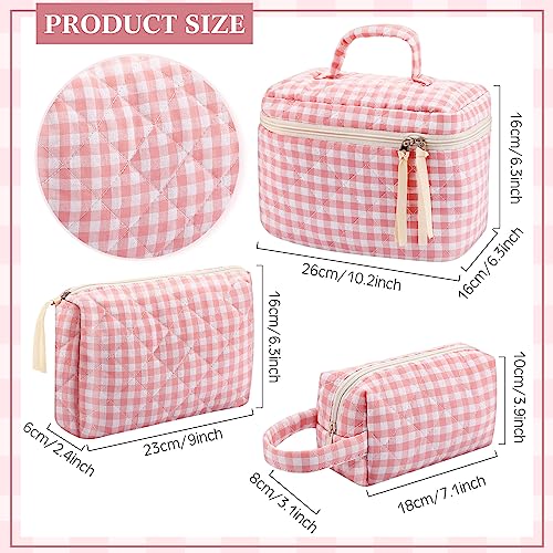 Paterr Pink Quilted Cotton Makeup Bag Set 3 Pcs Travel Cosmetic Organizer