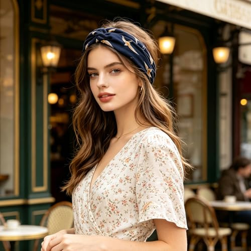DRESHOW 10 Pack Boho Flower Print Headbands for Women - Vintage Cross Elastic Hair Wraps