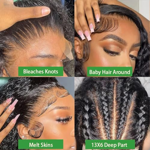 24 Inch 200 Density Deep Wave Lace Front Wigs Human Hair 13x6 HD Lace Front Wigs Human Hair Pre Plucked Brazilian Virgin Curly Human Wig Wet and Wavy Lace Frontal Wigs Natura Black Deep Wave Wig