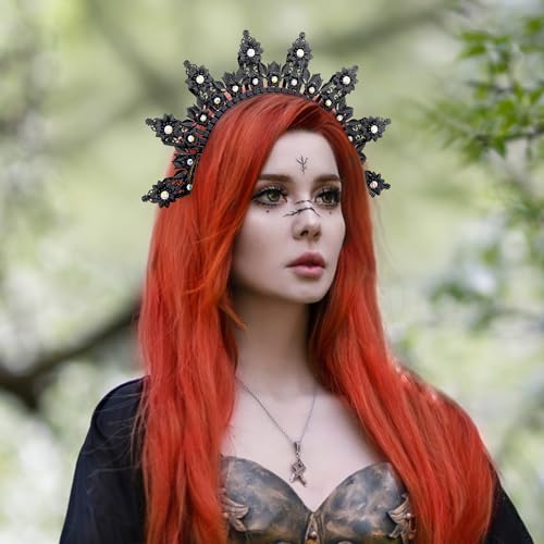 Black Spiked Greek Goddess Halo Crown Headband - Gothic Floral Design