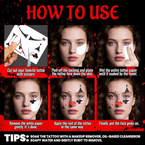 Halloween Clown Face Tattoos & Face Gems Costume Makeup Kit