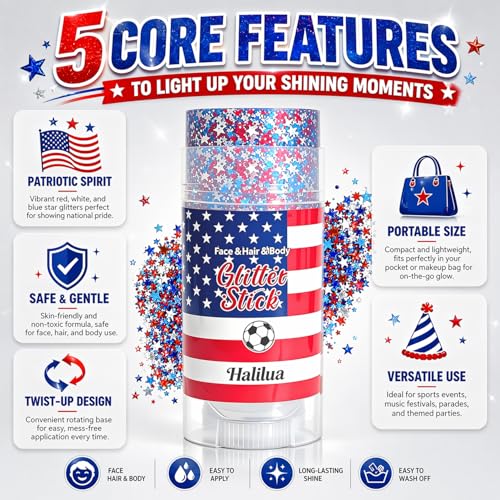 ZARICS Patriotic 4th of July Glitter Stick for Face & Body - Red White Blue Sequins, Hypoallergenic, Festival Makeup, Variation 02