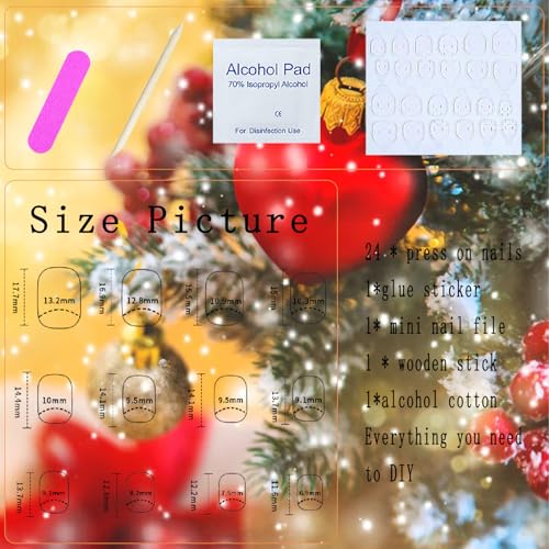 MAOTTIE Christmas Press On Nails Snowflake Glitter Snowman Short Square Fake Nails Red Xmas 24Pcs
