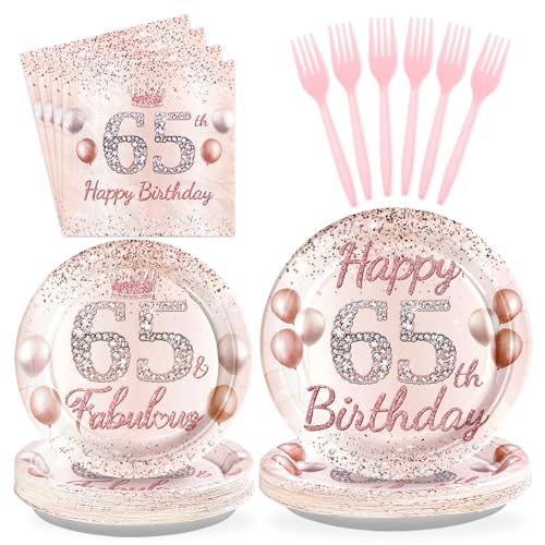 Rose Gold 65th Birthday Party Supplies Set for 24 Guests