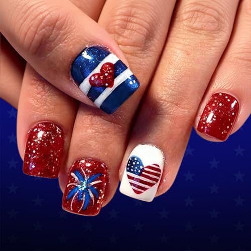 HZJXRT 4th of July American Flag Fake Nails - Short Red Glitter Press-On Manicure, 24pcs