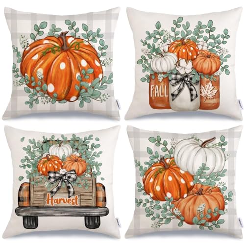 Fall Eucalyptus Pumpkin Truck Pillow Covers Set of 4 - 18x18