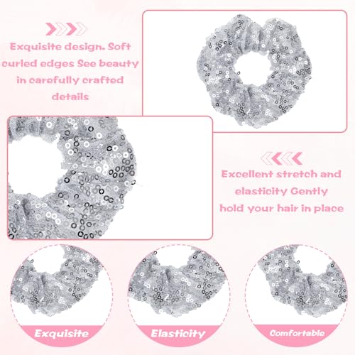 Silver Sequin Scrunchies - 2 Pack Sparkly Hair Ties for All Hair Types