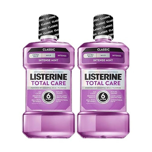 Listerine Mouthwash Total Care Anti Cavity Treatment for Adults Kills 99.9% of Bad Breath Germs in Intense Mint Antibacterial Fluoride Mouthwash, 2 pack of 33.8 fl oz?