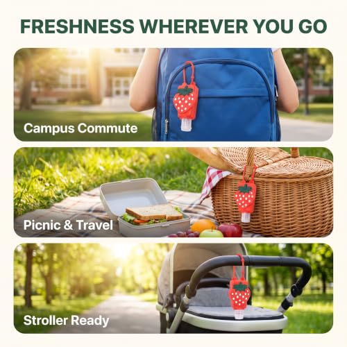 Czhotg 2-Pack Refillable Travel Hand Sanitizer Bottles with Strawberry Silicone Sleeves, Leakproof Flip Cap Keychain Holders