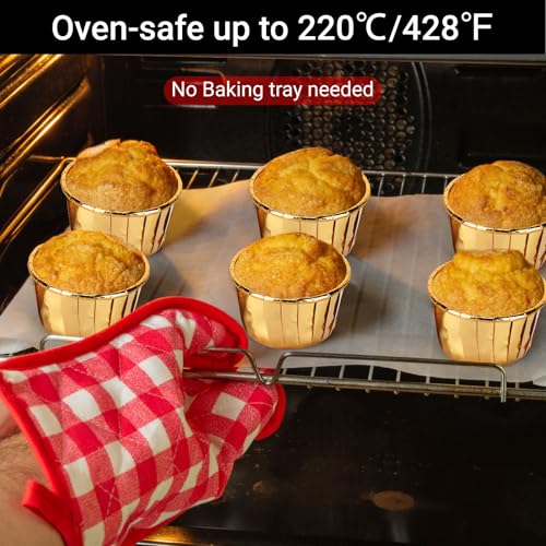 EUSOAR Gold Disposable Cupcake Cups with Lids, 3.5 oz - 50 Pack Aluminum Foil Muffin Liners for Baking