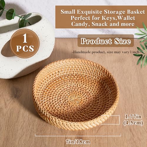 Hushee Small Round Woven Basket for Entryway Table - 7 Inch Rattan Key Bowl