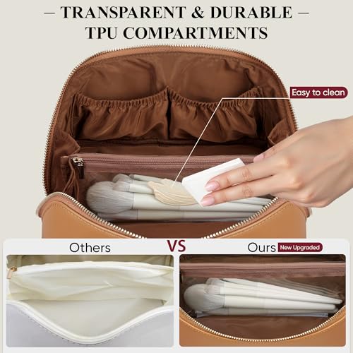 Medium Brown Travel Makeup Bag with Flat Design & Multiple Compartments