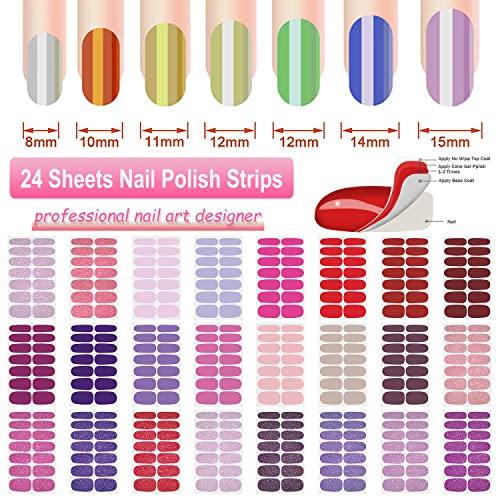 DANNEASY Glitter & Solid Color Nail Wraps - 24 Sheets Self-Adhesive Nail Art Stickers for Manicure, Includes File & Cuticle Stick (Variation 01)
