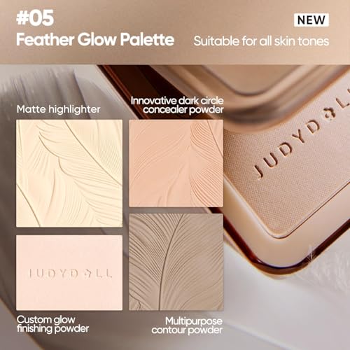 JUDYDOLL Highlight & Contour Palette, All-in-One Matte Highlighter Contour Compact,Natural Brightening Finish for Cool Fair & Olive Skin (05 Feather Glow Palette)