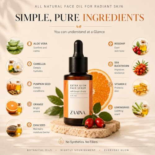 ZAAINA Extra Glow Face Oil Serum for Radiant Skin - 1 oz, Vegan & Hydrating