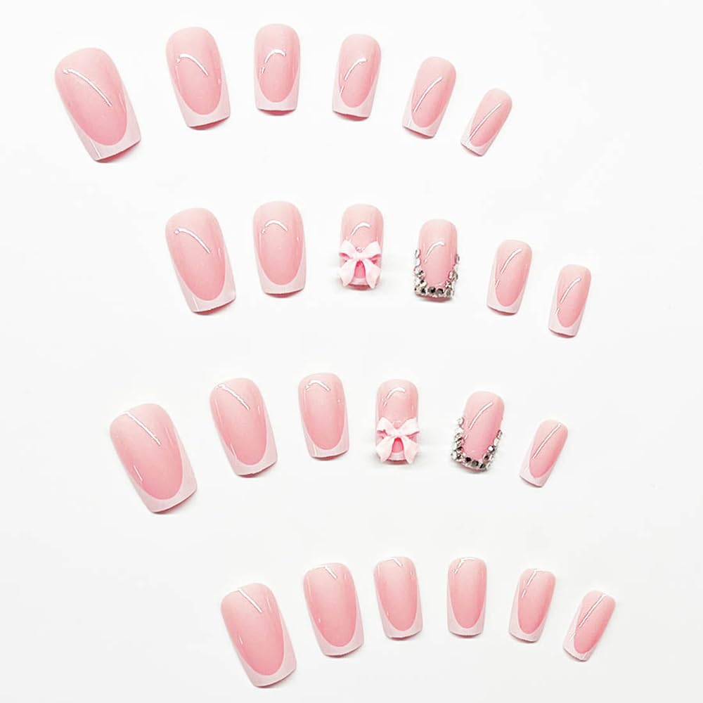 White French Tip Press-On Nails - 24 Pcs Medium Coffin Design with Bow Charms & Rhinestones | Pink Acrylic Full Cover