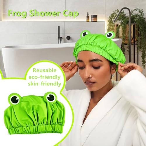 LamaMe Frog Shower Cap - Waterproof Reusable Double-Layer Hair Cap for Women