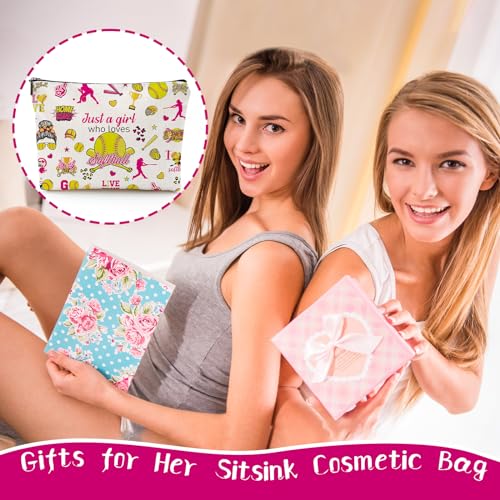 Sitsink Softball Makeup Bag - Girl Who Loves Softball Sports Gift, Waterproof Canvas Zipper Pouch