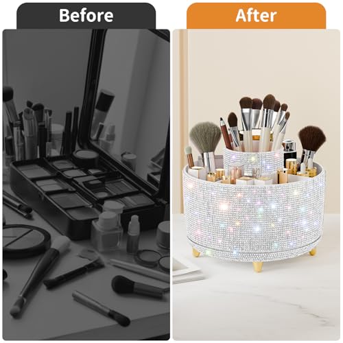 Bling Diamond Makeup Brush Holder - 360° Rotating Organizer in Diamond White