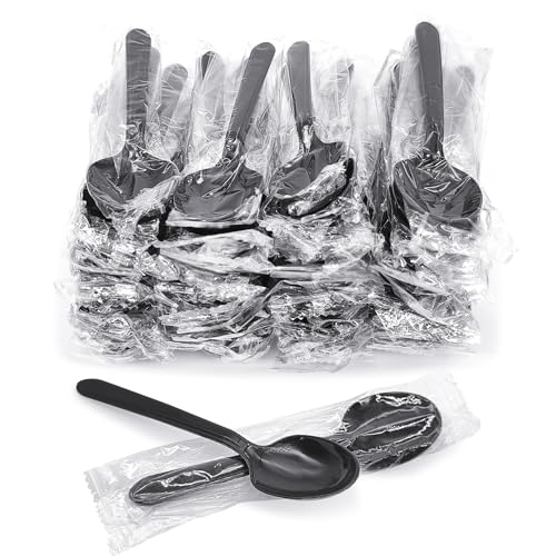 Heavy Duty Disposable Spoons - Individually Wrapped, 100 Pack, Black