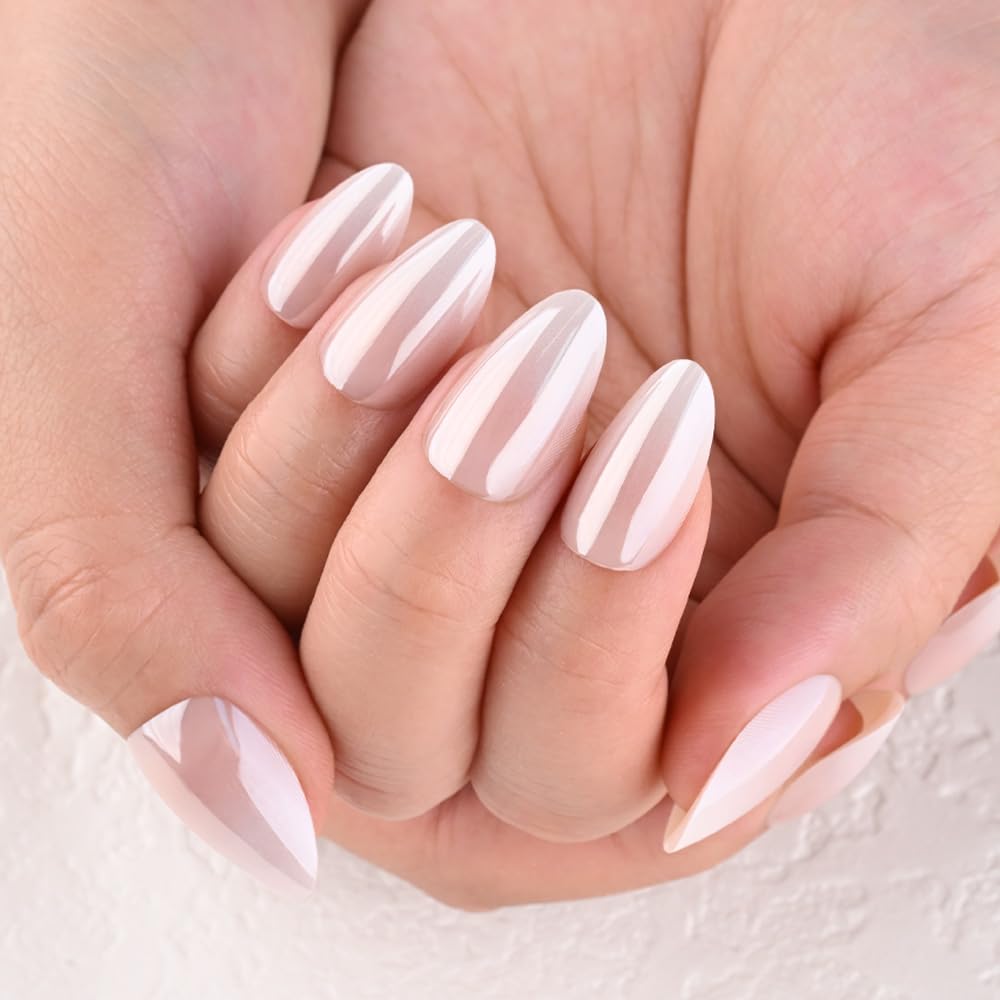 Chrome Nude Press On Nails - Short Almond Acrylic Jelly Ombre Design | Reusable Salon-Quality Stick-On Kit for Women