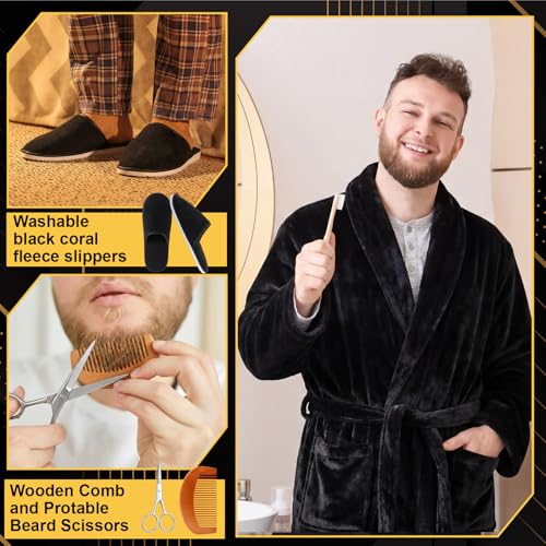 Hercicy 9 Packs Birthday Gifts for Men, Father Day Beard Care Ideas Set, Graduation Beard Grooming Bath Robe Slippers Nail Care Kit Towel Men's Gift Box for Husband Brother Dad(Black,Plush)