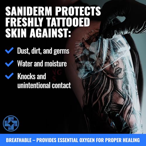 Saniderm Tattoo Aftercare Bandage 3 Sheets (Medium Pack, 6 in x 8 in) ? Convenient, Faster Tattoo Healing and Protection ? Sterile, Waterproof, and Latex-Free