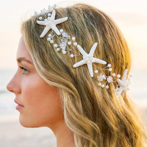 Brishow Starfish Pearl Bridal Headband - Lightweight Beach Hair Accessory