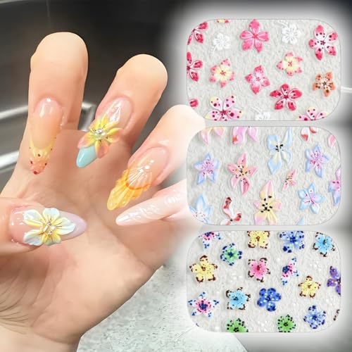 Hibiscus Flower Nail Stickers - 5D Embossed Floral Decals (6PCS)