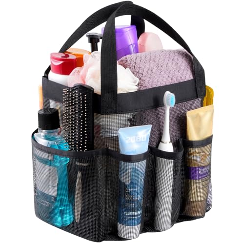 Lifewit Mesh Shower Caddy Portable for College Dorm Room Essentials with 7 Pockets, Freestanding Hanging Organizer Basket, Quick Dry Tote Bag for Camping, Bathroom, Beach, Travel, 1 Pack, Black