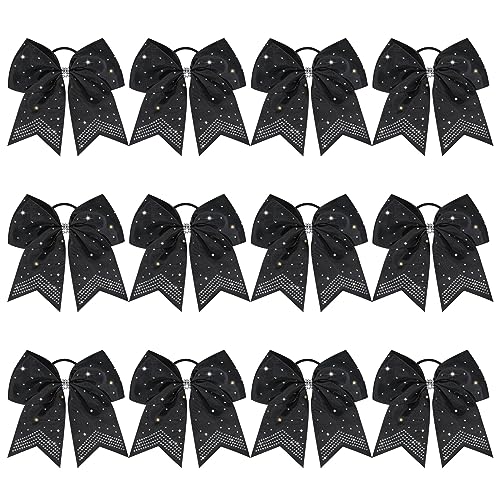 CEELGON 12 Pack Black Rhinestone Cheer Bows 7-Inch Ponytail Holders for Cheerleaders Girls Sports