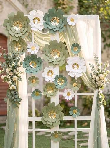 Dusty Green & White Paper Flower Set for Weddings & Nursery Decor - 12 Pack