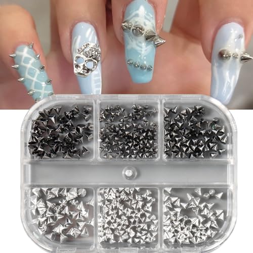 Colorful 12Pcs Gothic Punk Nail Charms Set with Metallic Rivets & Spikes - Silver Black