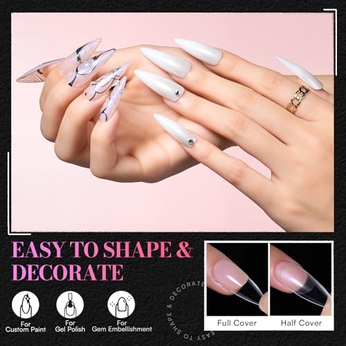 Makartt Long Medium Sharp Almond Nail Tips - Clear Full Cover Fake Nails, 15 Sizes, 240PCS