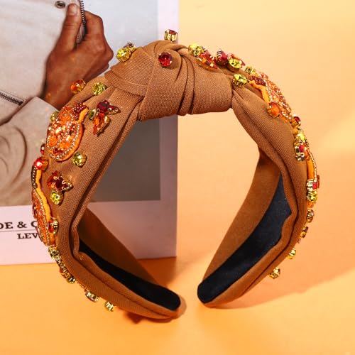 Pumpkin Beaded Thanksgiving Headband - Jeweled Knotted Fall Hair Accessory