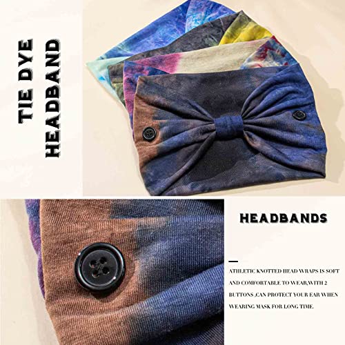 Olbye Wide Tie Dye Button Headbands for Masks - 4 Piece Set