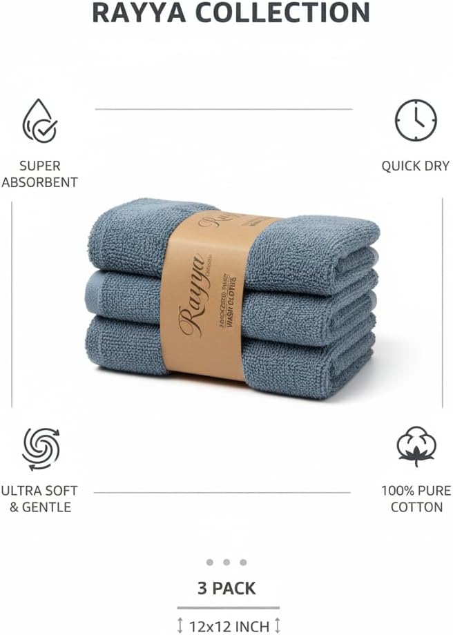 Luxury Cotton Washcloths - Ultra Soft & Super Absorbent Terry Towels | 12x12 MultiPack in China Blue