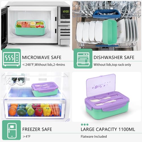 LOVINA 1100 ML Bento Box for Adults & Kids - 3 Compartment Lunch Container with Built-in Utensils - BPA-Free, Leakproof, Portable