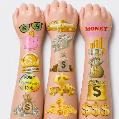 96 PCS Kids Fun Money Temporary Tattoos Set with Dollar Sign Stickers