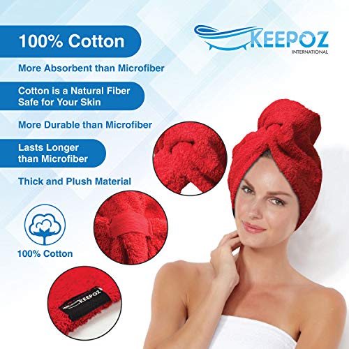 KEEPOZ Hair Towel Wrap - Quick Dry 100% Cotton Turban (Pink+Red, 2 Pcs)