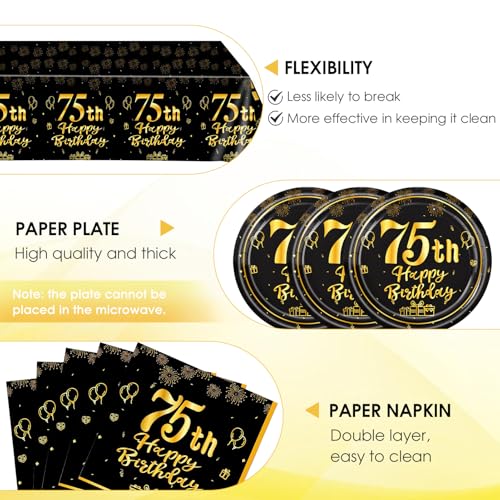 75th Birthday Decorations Kit - Black & Gold Party Supplies (41 Pcs)