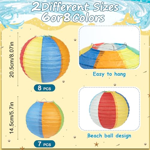 15 Pcs Beach Paper Lanterns - Summer Party Decorations, 8" & 5.7"