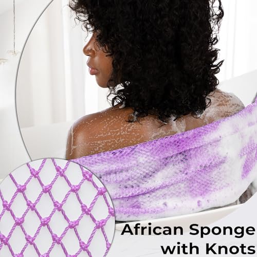 MINISENTIALS African Net Sponge with Knots (2 Pieces) Purple Lilac Back Scrubber 40in+, Exfoliating