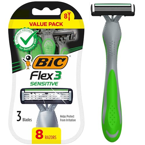 BIC Flex 3 Sensitive Disposable Razors Men 8-Pack – 3 Flexible Blades, Aloe & Vitamin E, Travel Ready