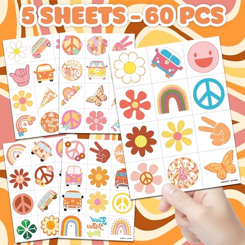 60 Pre-Cut Retro Temporary Tattoos for Kids - Groovy Hippie Theme
