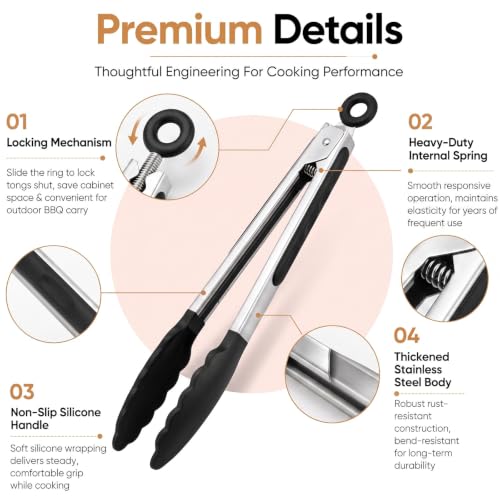 Headaze Kitchen Tongs Set of 4 with Silicone Tips and Brush