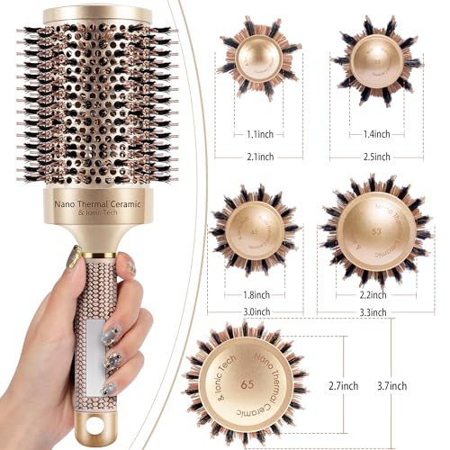 SIMPOR 65mm Round Boar Bristle Hair Brush - Gold, Nano Ceramic for Blow Drying