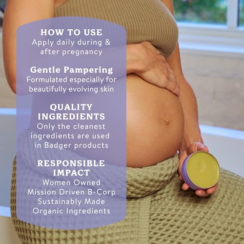 Badger Belly Butter, Organic Stretch Mark Cream for Pregnant Belly, Rich Hypoallergenic Moisturizing Organic Cocoa Butter & Coconut Body Butter for Women, 2 oz Tin