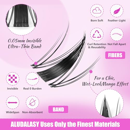 ALUDALASY Manga Lash Clusters Kit - C Curl Wispy Lashes with Invisible Band