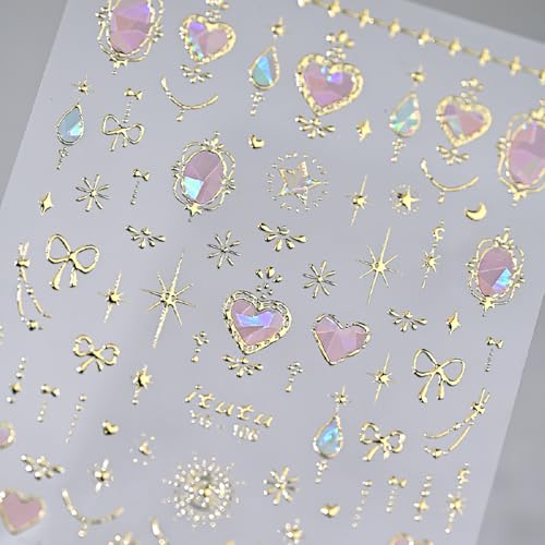 Rhspayh Valentines Nail Stickers02 Pink Heart 5D Embossed Self-Adhesive Nail Art Decals with Gold Bow Star